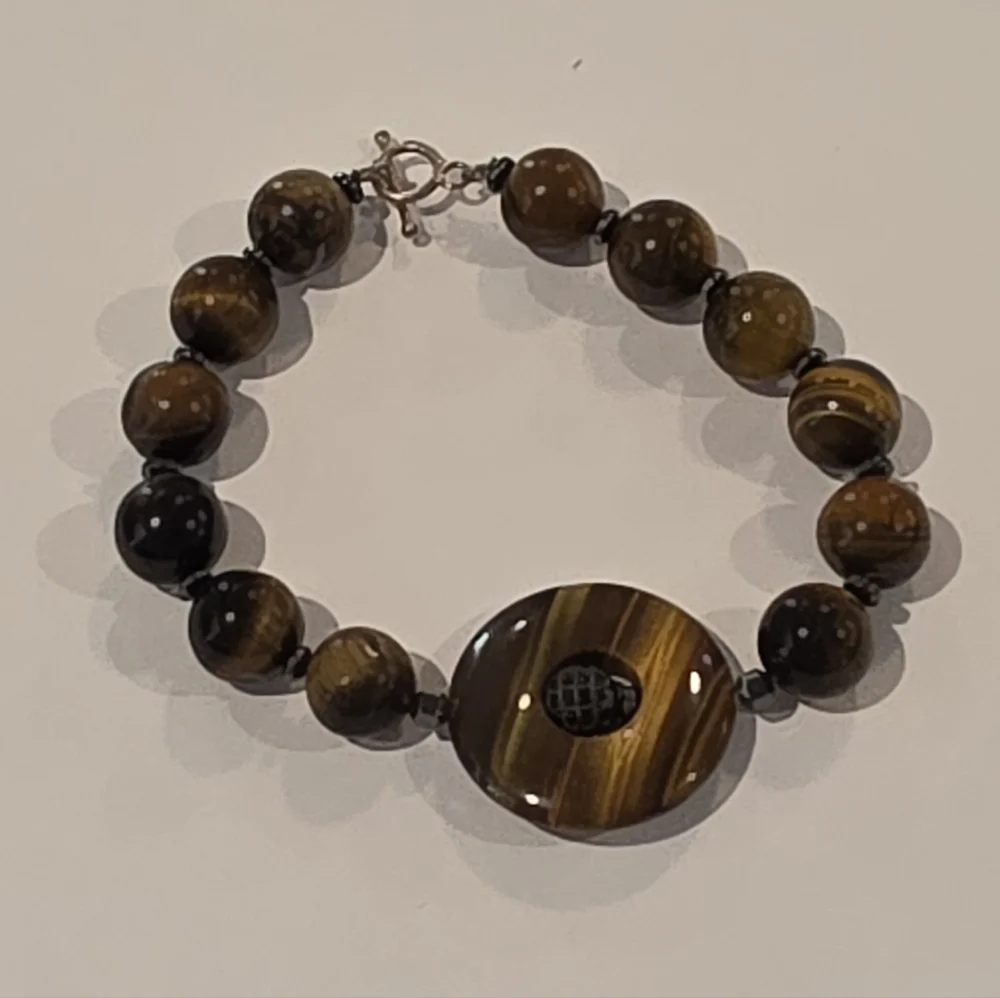 Tiger Eye Stone Beaded Bracelet with Round Centerpiece‎ Statement Jewelry